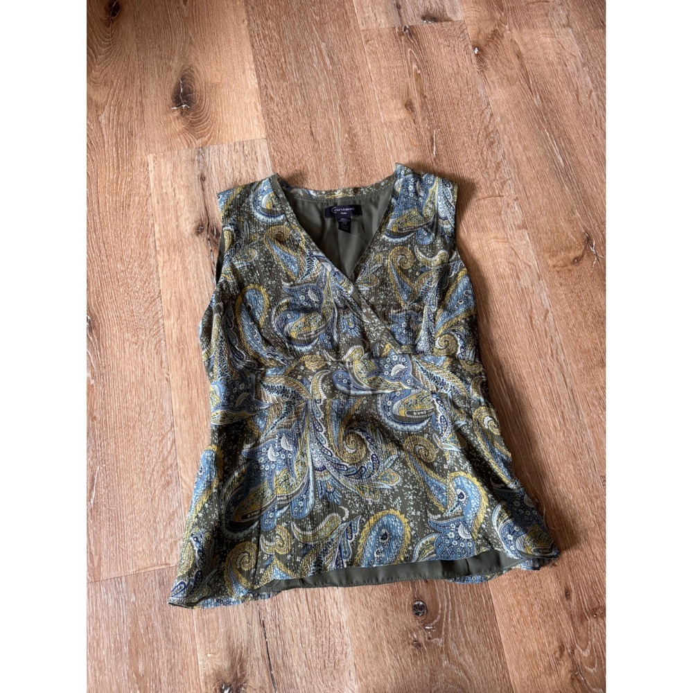 Context Petite Olive Blue Silk Paisley Sleeveless V-Neck Blouse Tie‎ Back 10P